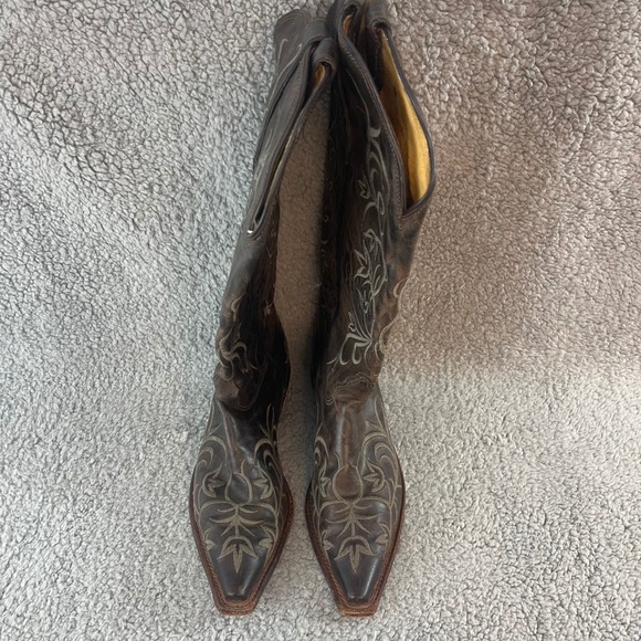 Tony Lama Women's 8B Brown Leather Western Cowboy Calf High Embroidered Boots - Picture 3 of 12